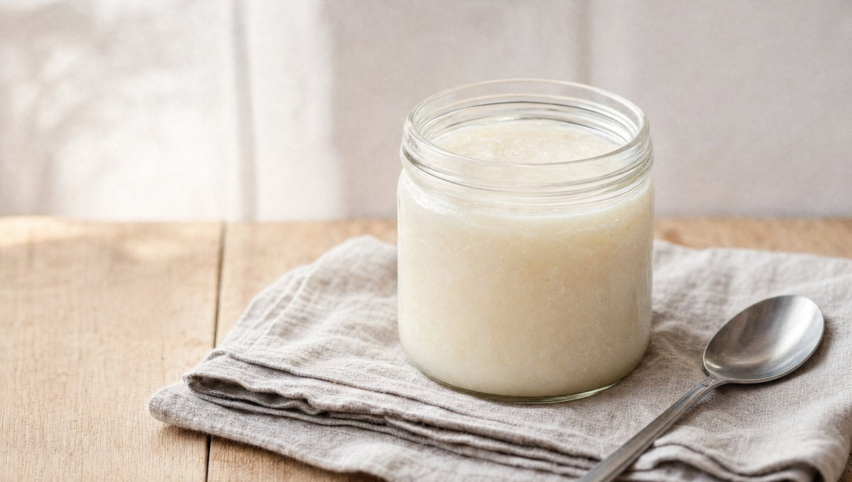 Jar of rendered beef tallow with a spoon on a light bench