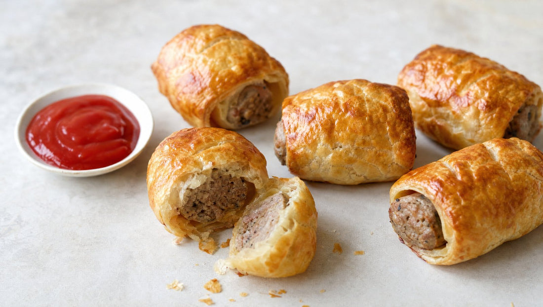 Homemade sausage rolls with golden puff pastry and tomato sauce