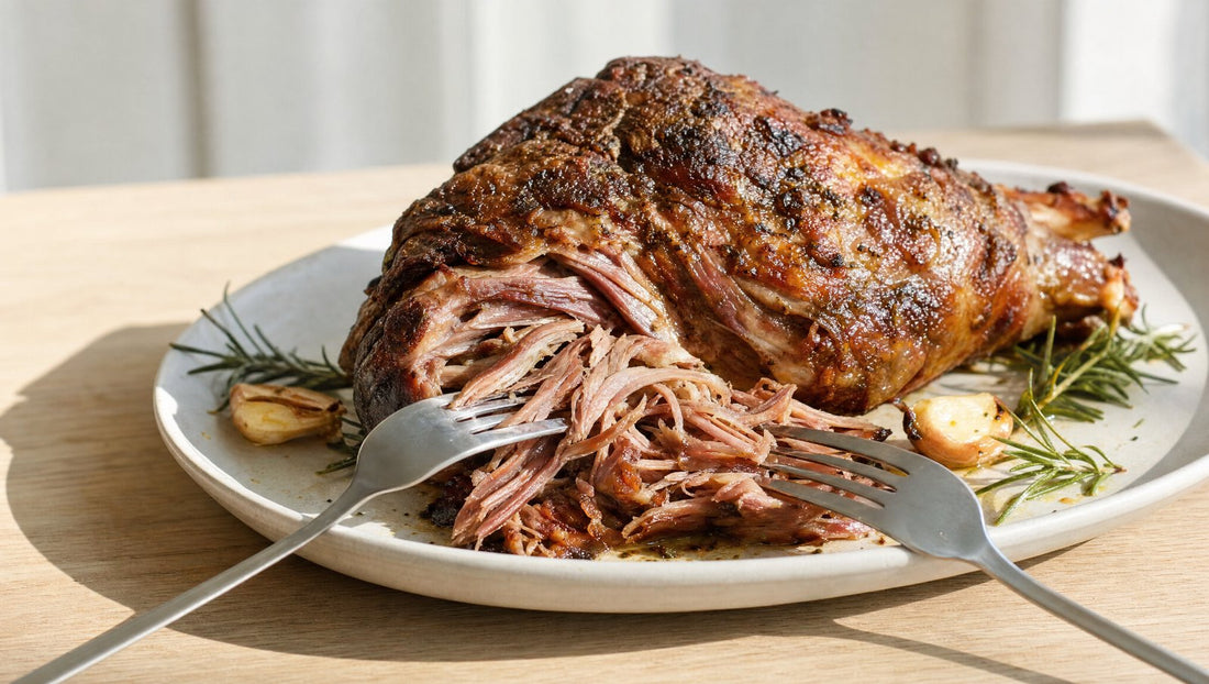 Slow roast lamb shoulder pulled apart with two forks on a platter
