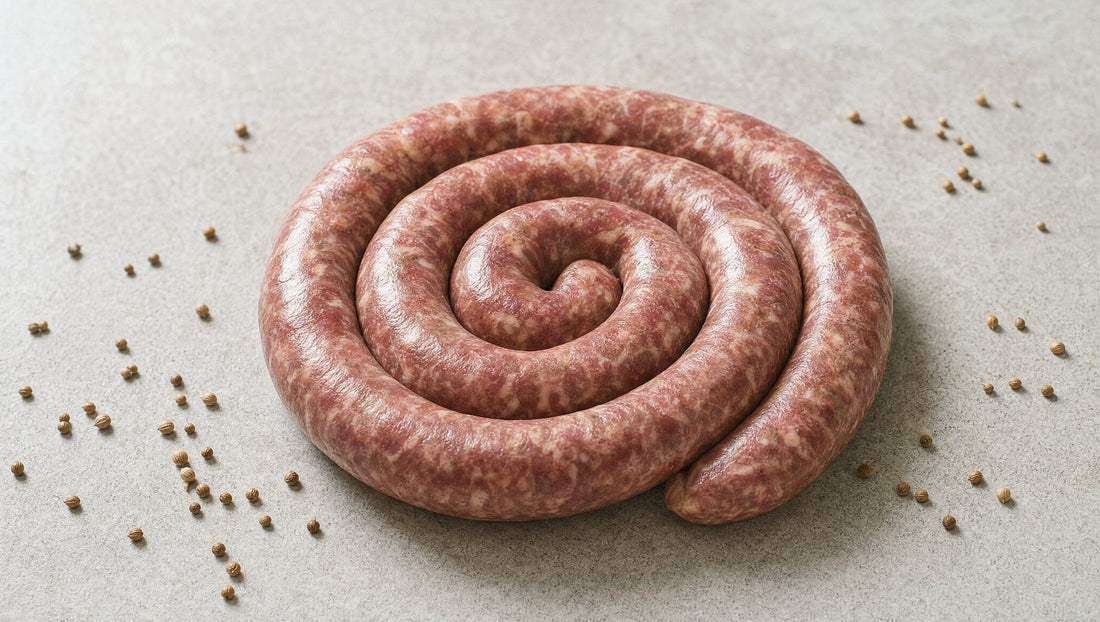 Coiled traditional boerewors sausage with scattered coriander seed
